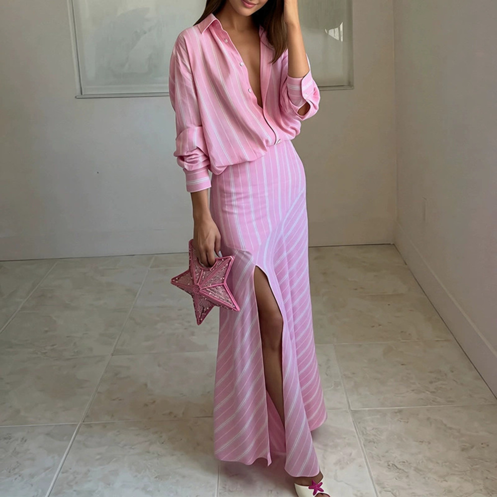 ZARA Summer Fashion Casual Striped Long Sleeve Shirt Dress Set